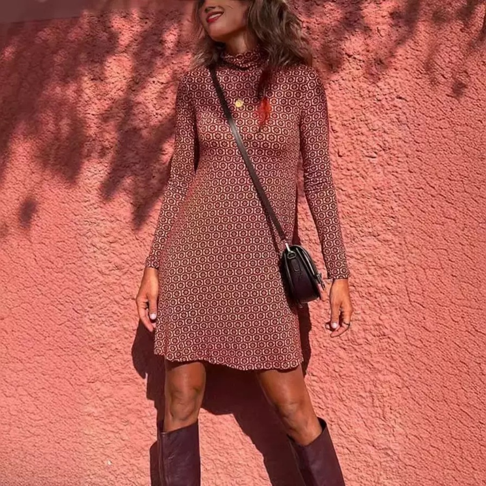 Zimmermann Turtleneck Long-Sleeve Geometric Print Dress - Rust